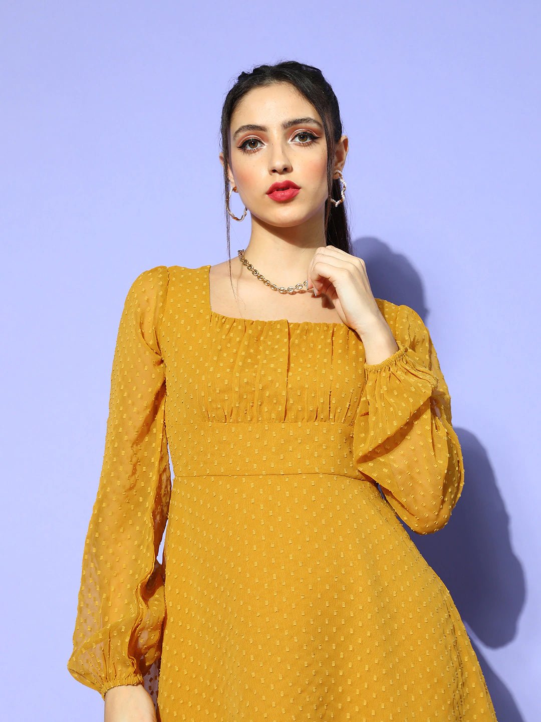 Folk Republic Women Solid Mustard Yellow Dobby Weave Square Neck Pleated Fit & Flare Mini Dress - #folk republic#