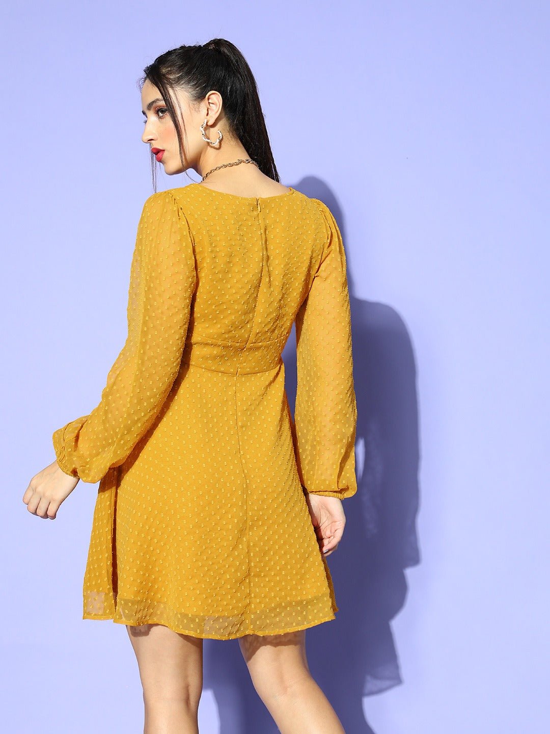 Folk Republic Women Solid Mustard Yellow Dobby Weave Square Neck Pleated Fit & Flare Mini Dress - #folk republic#