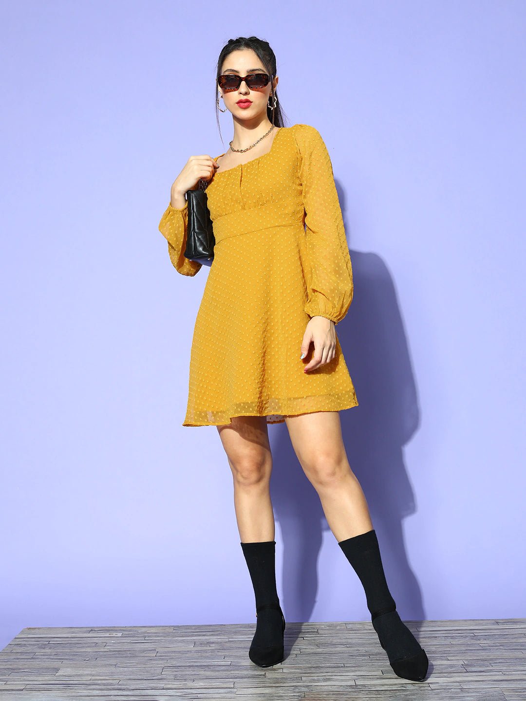 Folk Republic Women Solid Mustard Yellow Dobby Weave Square Neck Pleated Fit & Flare Mini Dress - #folk republic#