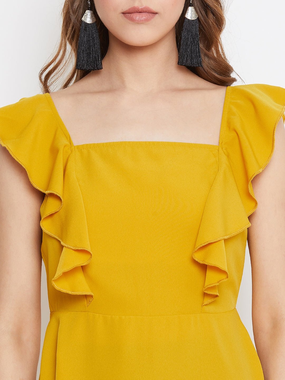 Folk Republic Women Solid Mustard Yellow Sleeveless Ruffled Fit & Flare Mini Dress - #folk republic#