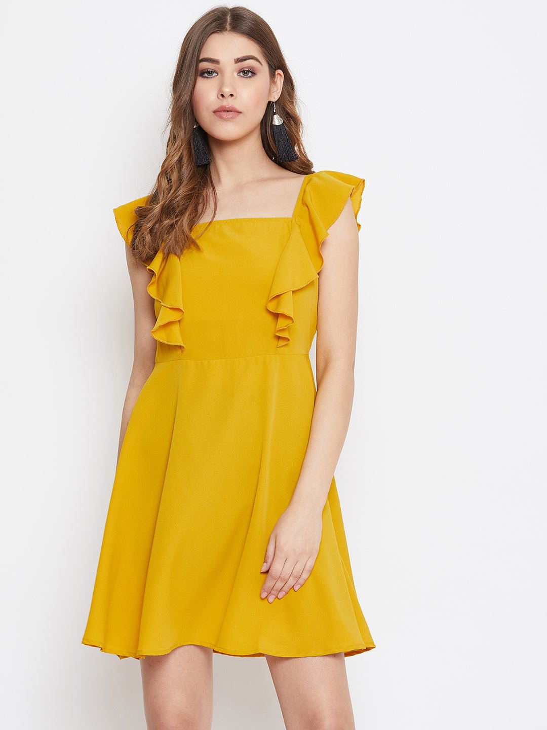 Folk Republic Women Solid Mustard Yellow Sleeveless Ruffled Fit & Flare Mini Dress - #folk republic#