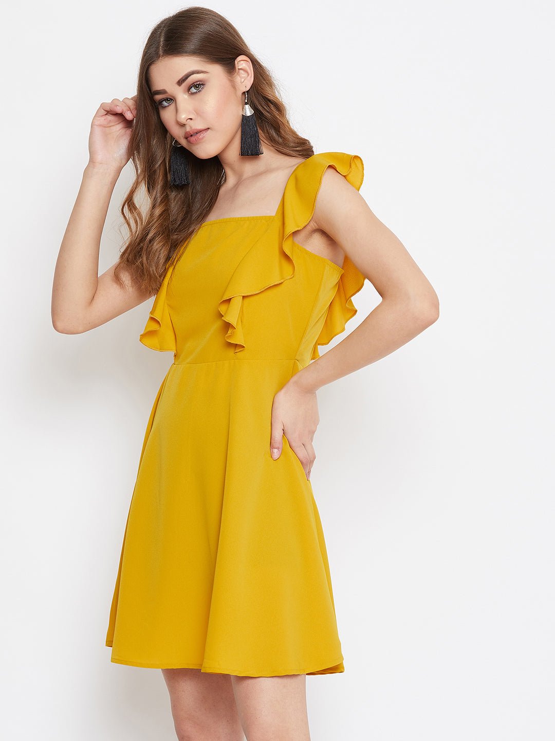 Folk Republic Women Solid Mustard Yellow Sleeveless Ruffled Fit & Flare Mini Dress - #folk republic#