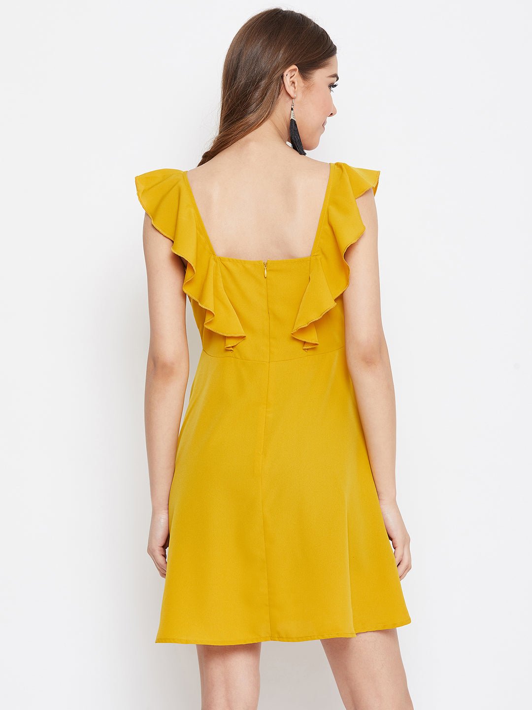 Folk Republic Women Solid Mustard Yellow Sleeveless Ruffled Fit & Flare Mini Dress - #folk republic#