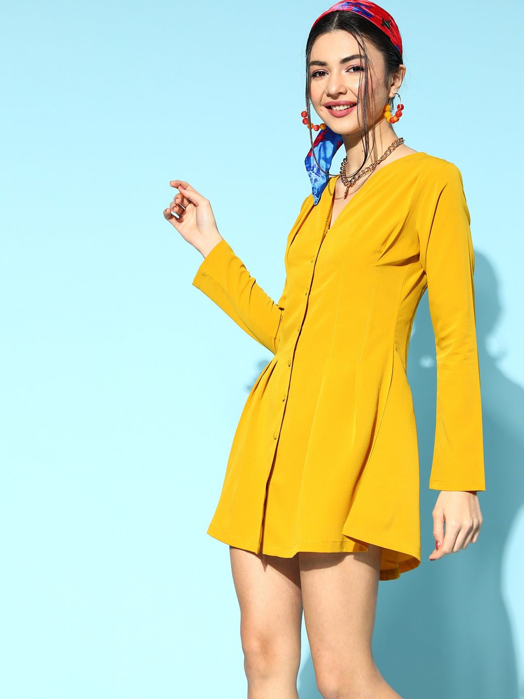 Folk Republic Women Solid Mustard Yellow V-Neck Front Button Crepe Pleated Mini Shirt Dress - #folk republic#