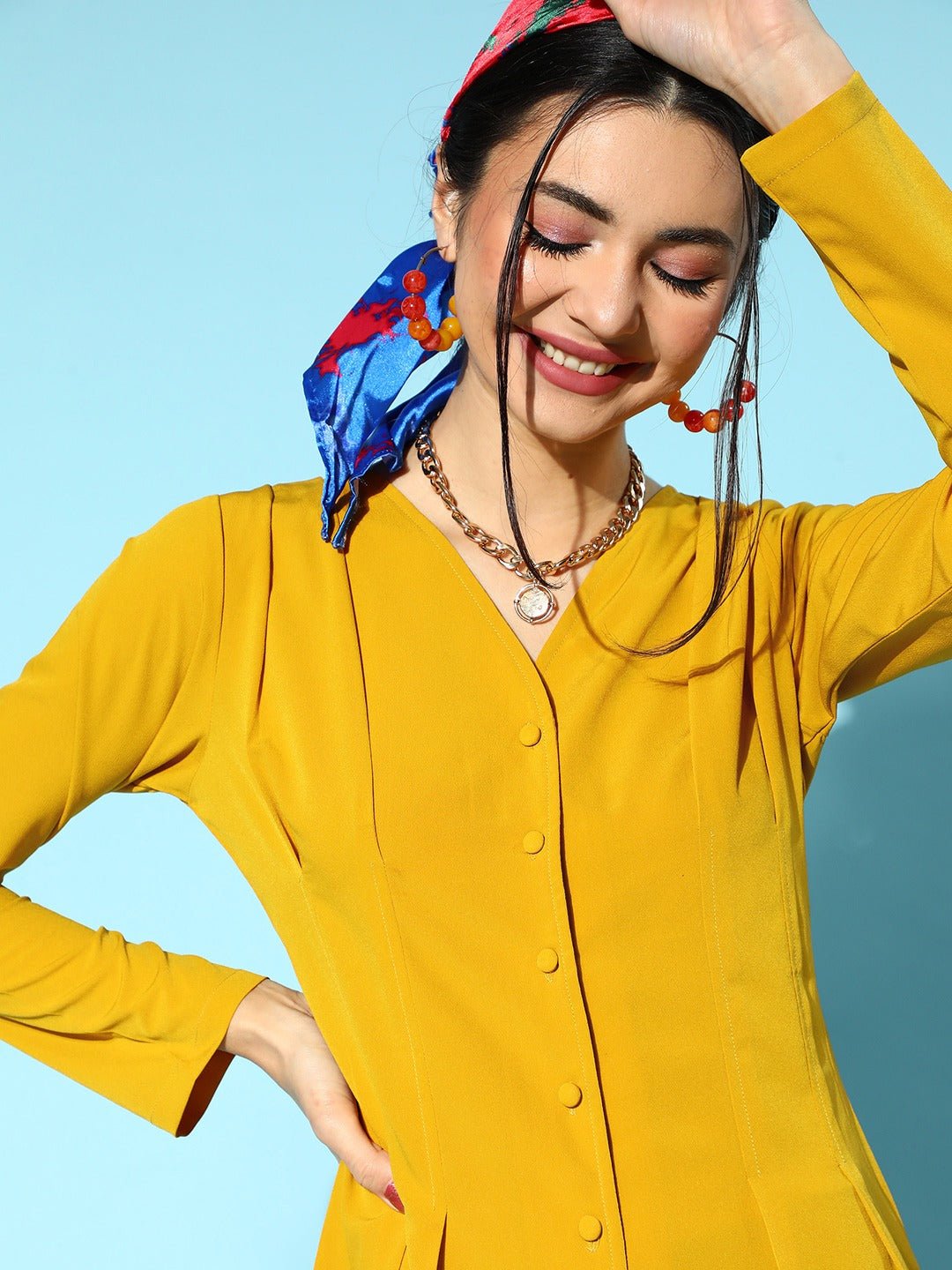 Folk Republic Women Solid Mustard Yellow V-Neck Front Button Crepe Pleated Mini Shirt Dress - #folk republic#
