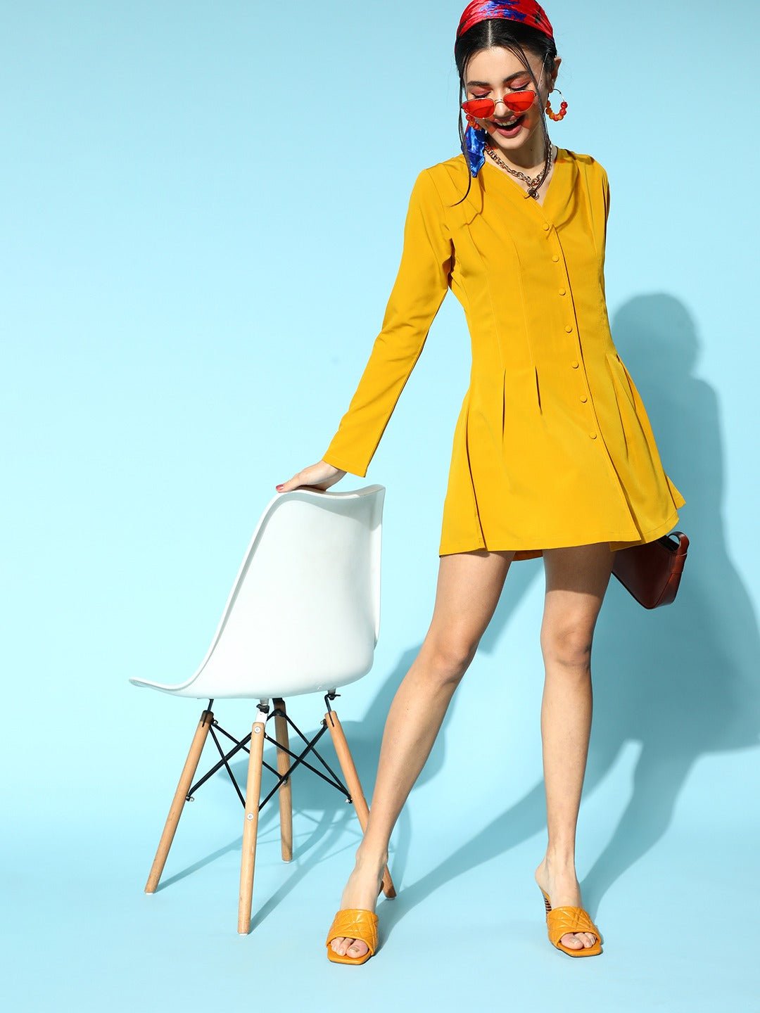 Folk Republic Women Solid Mustard Yellow V-Neck Front Button Crepe Pleated Mini Shirt Dress - #folk republic#