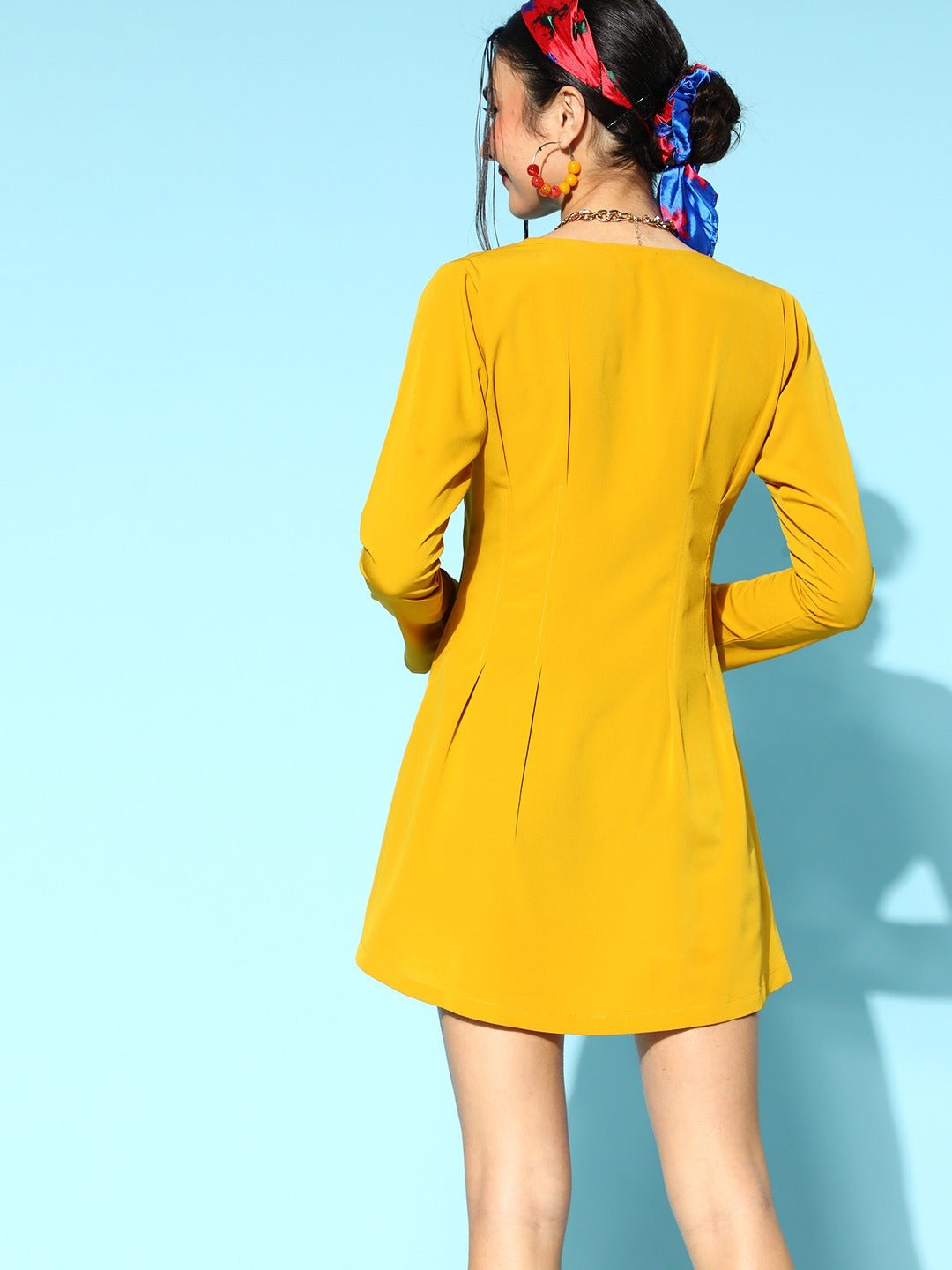 Folk Republic Women Solid Mustard Yellow V-Neck Front Button Crepe Pleated Mini Shirt Dress - #folk republic#
