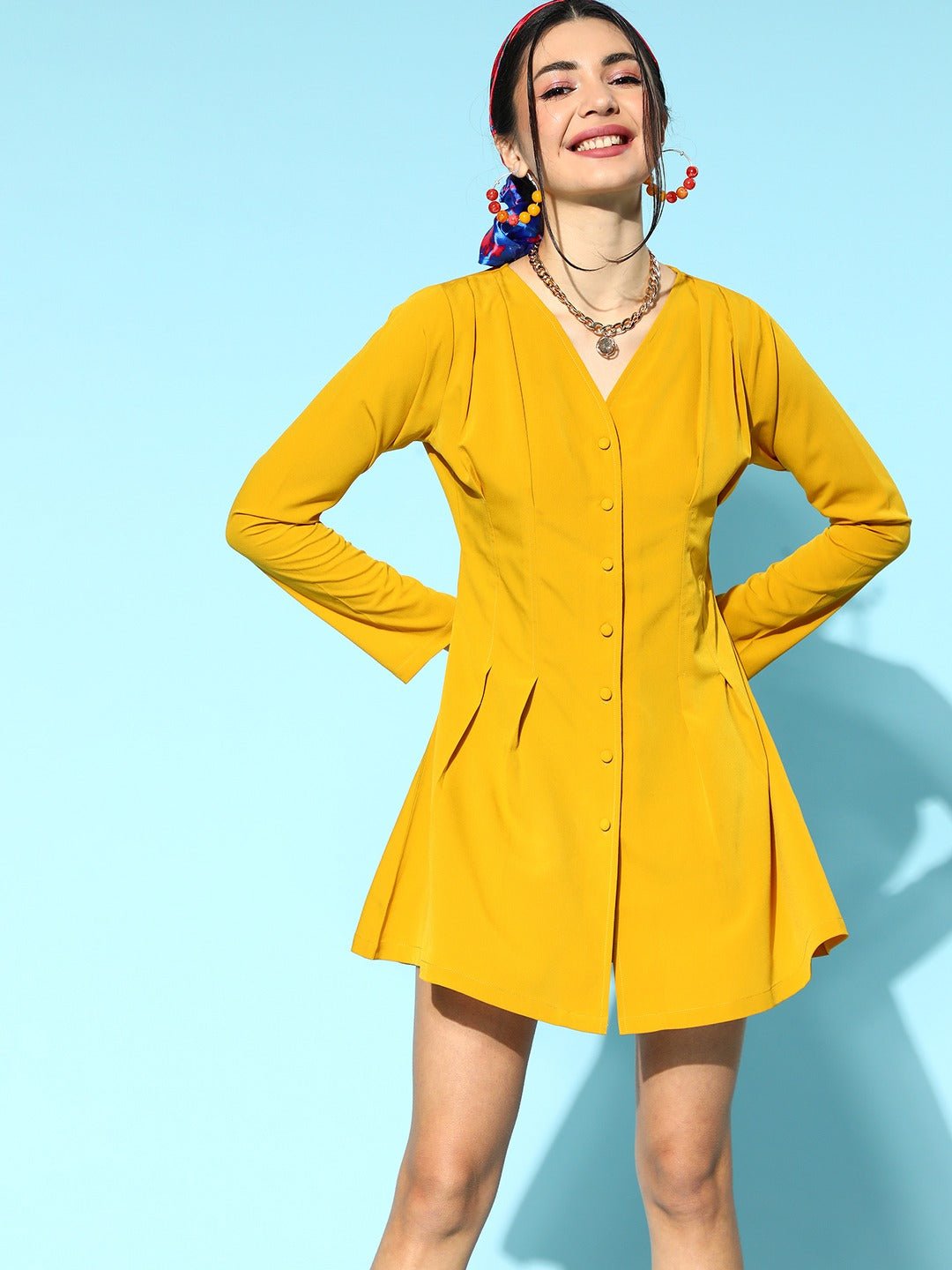 Folk Republic Women Solid Mustard Yellow V-Neck Front Button Crepe Pleated Mini Shirt Dress - #folk republic#