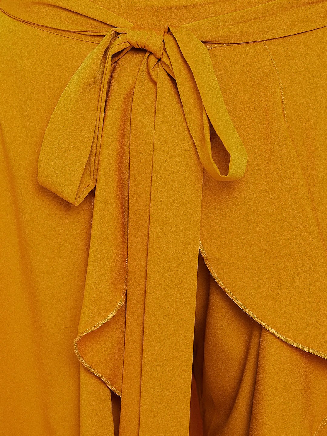 Folk Republic Women Solid Mustard Yellow Waist Tie-Up High-Low Flared Maxi Skirt with Attached Trousers - #folk republic#