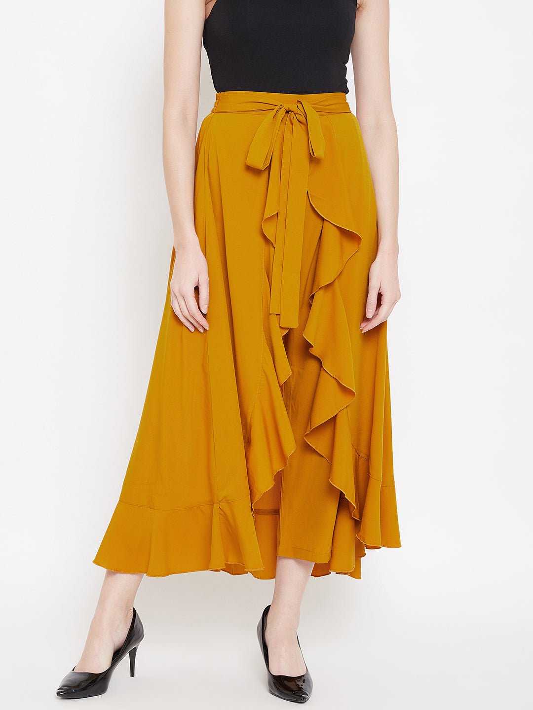 Folk Republic Women Solid Mustard Yellow Waist Tie-Up High-Low Flared Maxi Skirt with Attached Trousers - #folk republic#