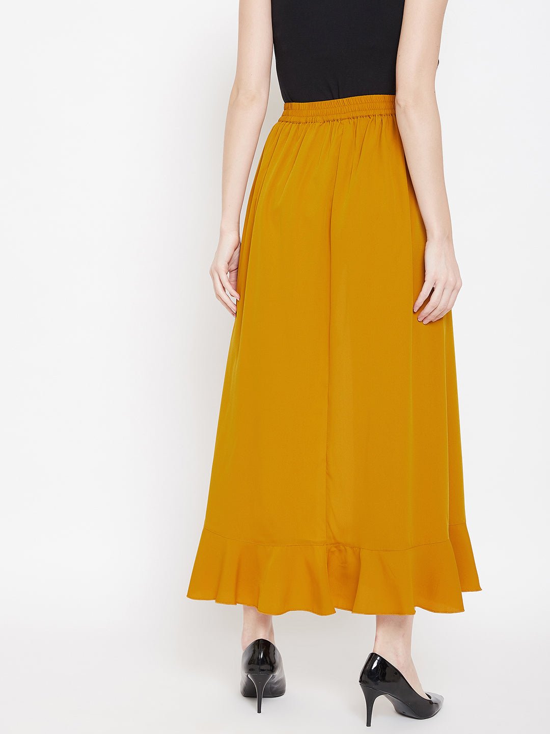 Folk Republic Women Solid Mustard Yellow Waist Tie-Up High-Low Flared Maxi Skirt with Attached Trousers - #folk republic#