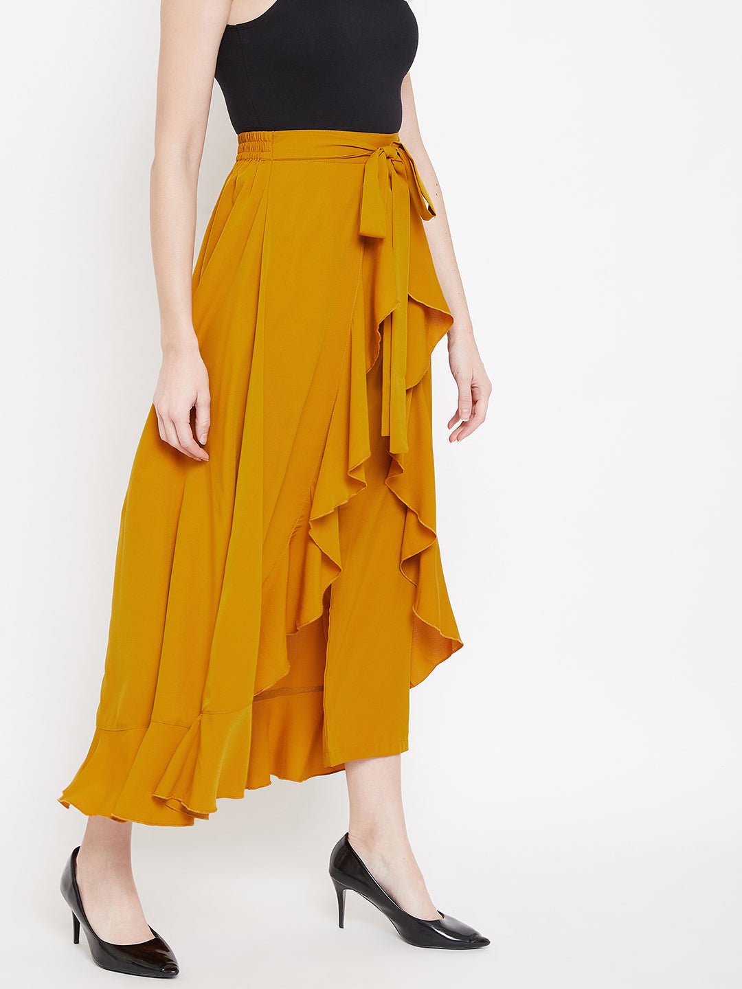 Folk Republic Women Solid Mustard Yellow Waist Tie-Up High-Low Flared Maxi Skirt with Attached Trousers - #folk republic#