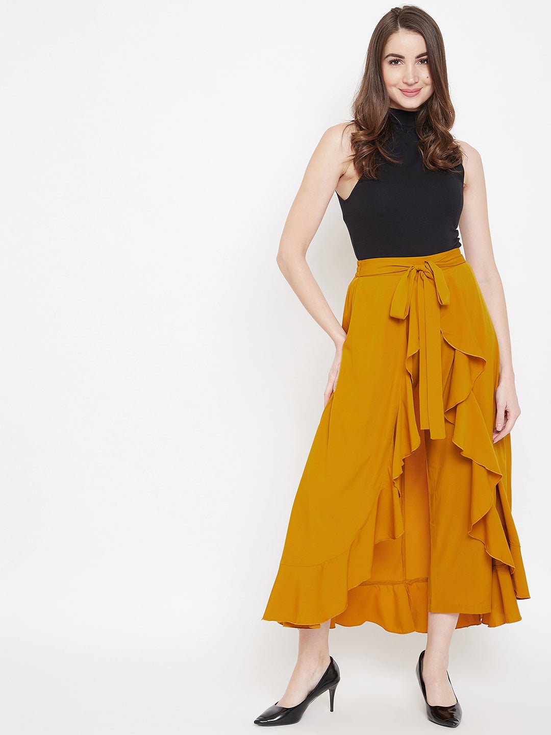 Folk Republic Women Solid Mustard Yellow Waist Tie-Up High-Low Flared Maxi Skirt with Attached Trousers - #folk republic#