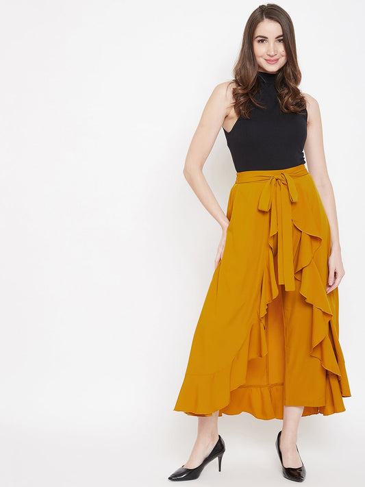 Folk Republic Women Solid Mustard Yellow Waist Tie-Up High-Low Flared Maxi Skirt with Attached Trousers - #folk republic#