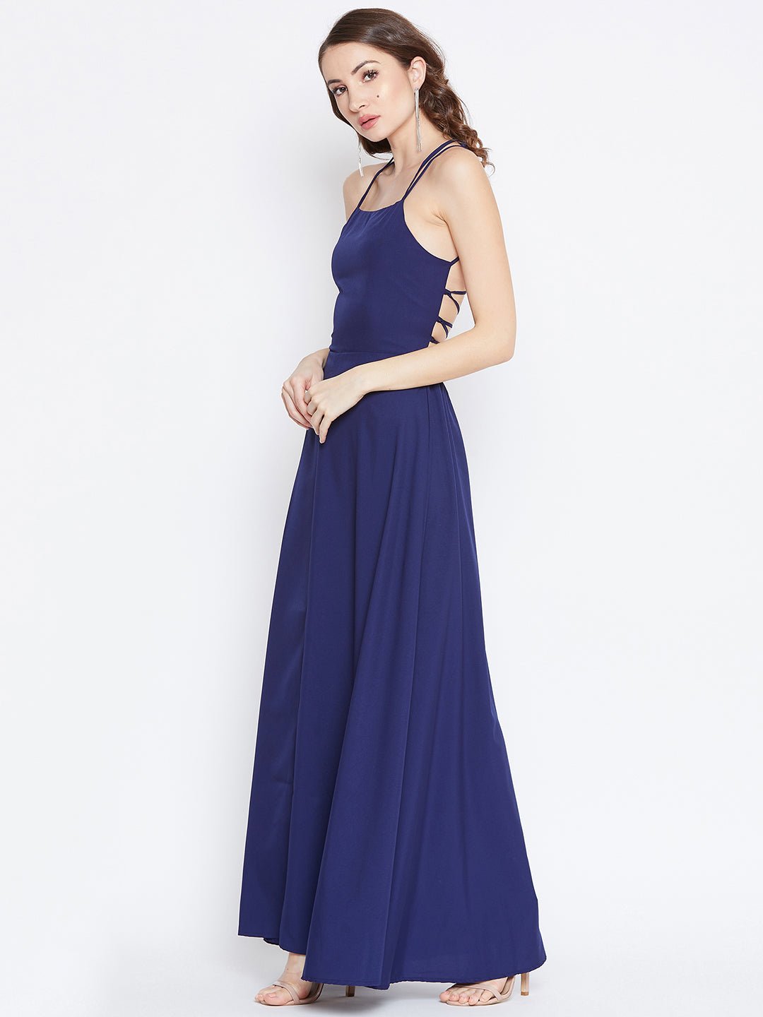 Folk Republic Women Solid Navy Blue Halter Neck Caged Back Flared Maxi Dress - #folk republic#