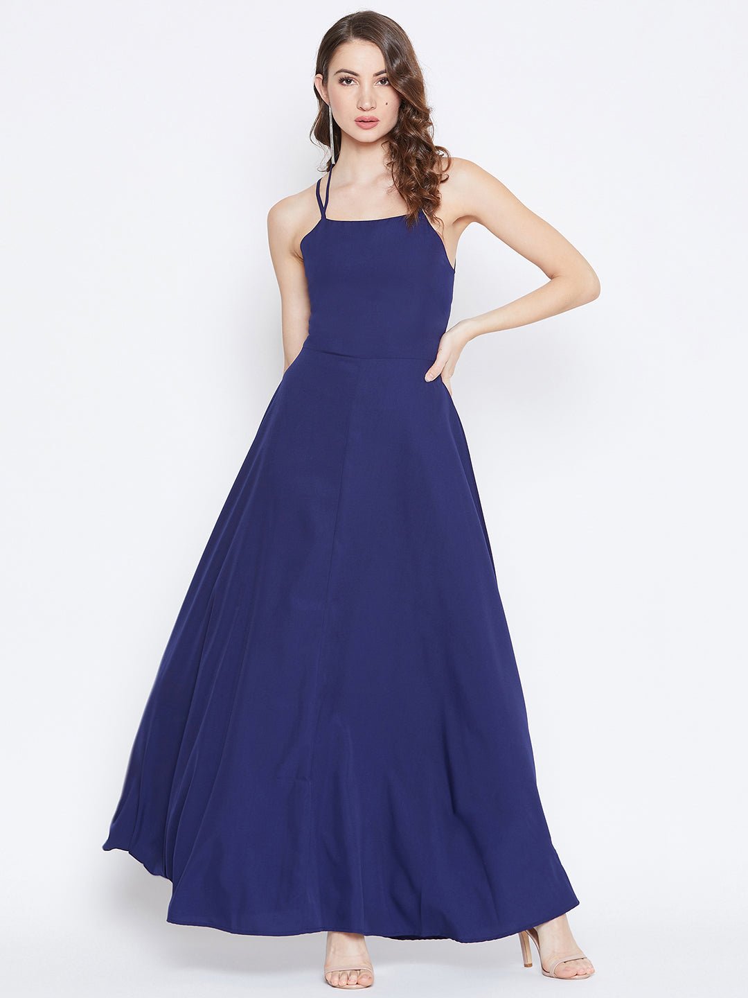 Folk Republic Women Solid Navy Blue Halter Neck Caged Back Flared Maxi Dress - #folk republic#