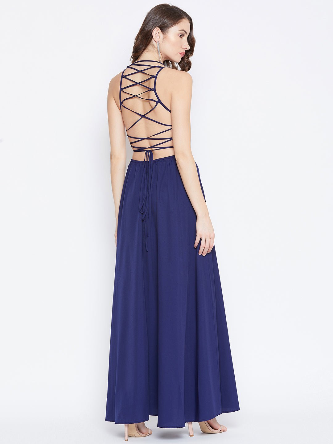 Folk Republic Women Solid Navy Blue Halter Neck Caged Back Flared Maxi Dress - #folk republic#