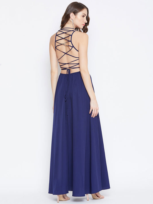 Folk Republic Women Solid Navy Blue Halter Neck Caged Back Flared Maxi Dress - #folk republic#