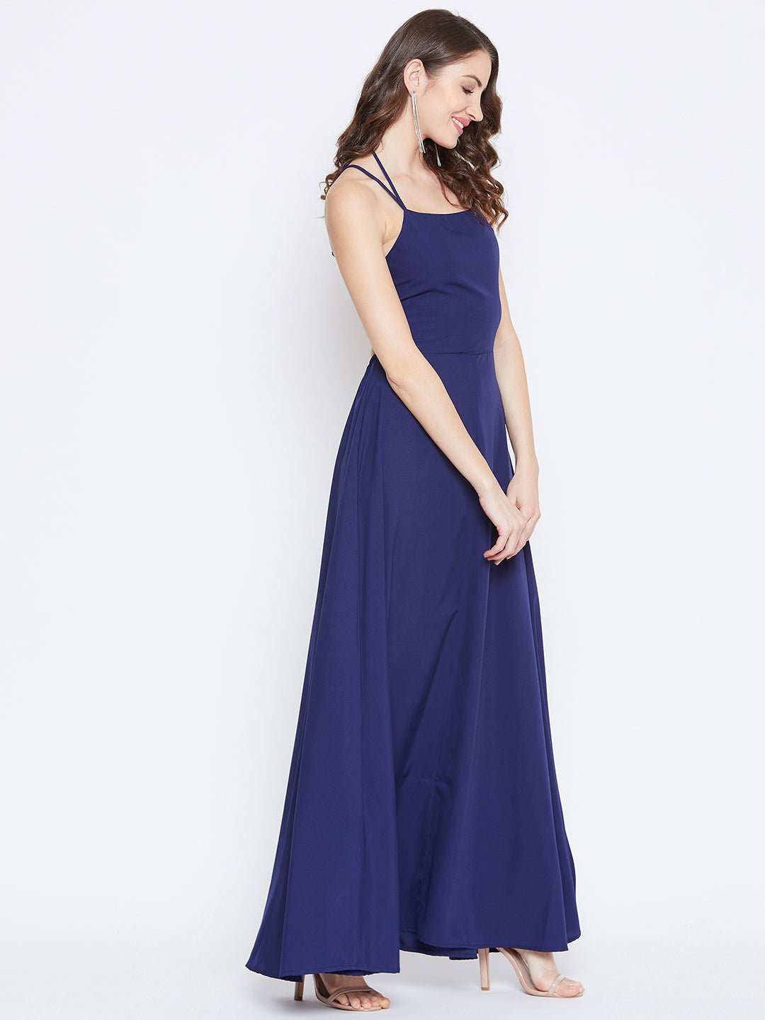 Folk Republic Women Solid Navy Blue Halter Neck Caged Back Flared Maxi Dress - #folk republic#