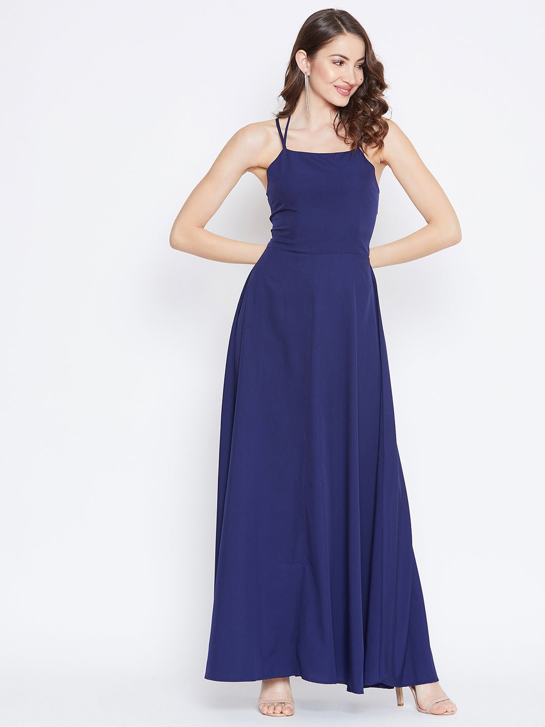 Folk Republic Women Solid Navy Blue Halter Neck Caged Back Flared Maxi Dress - #folk republic#