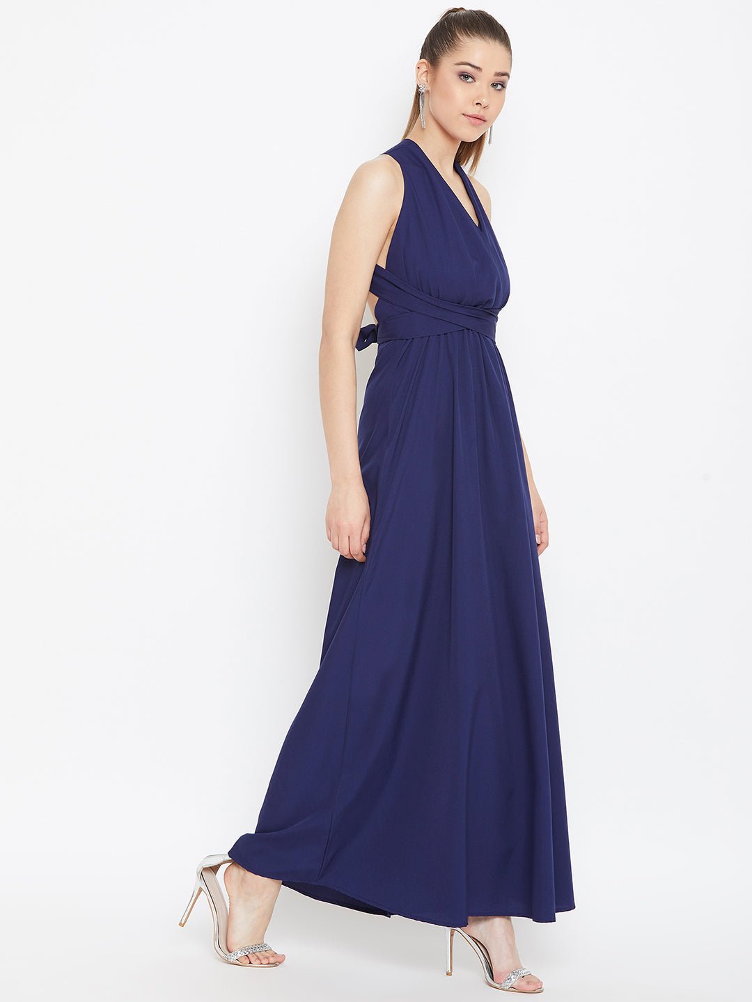 Folk Republic Women Solid Navy Blue Halter Neck Multiway Flared Maxi Dress - #folk republic#
