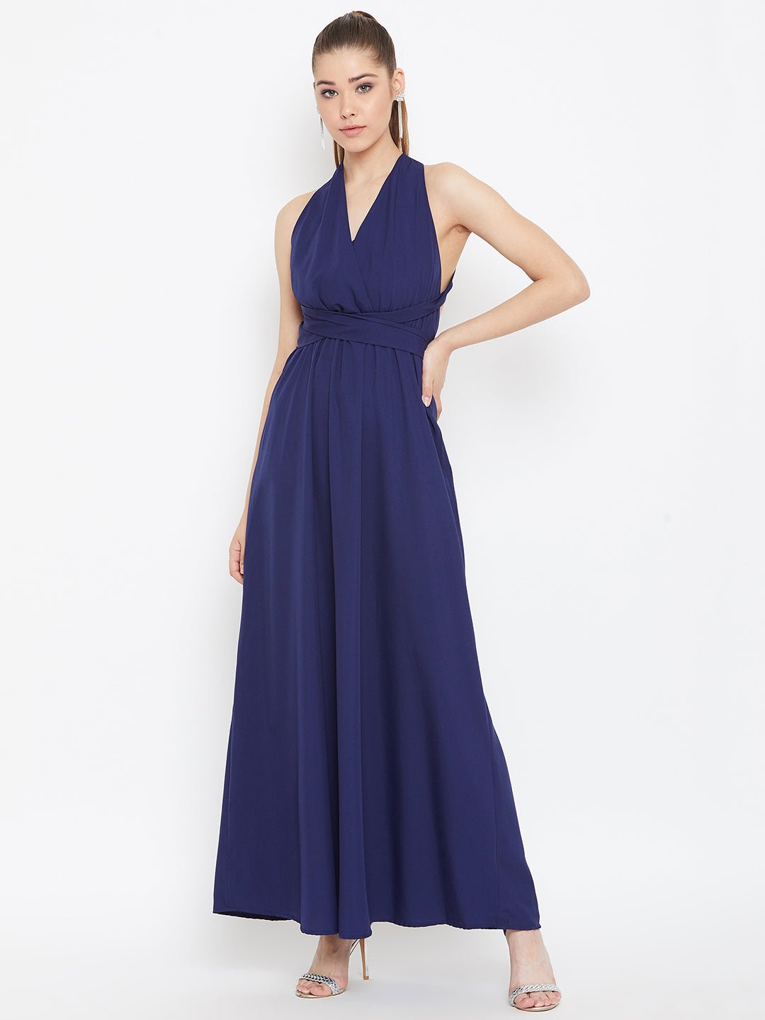 Folk Republic Women Solid Navy Blue Halter Neck Multiway Flared Maxi Dress - #folk republic#