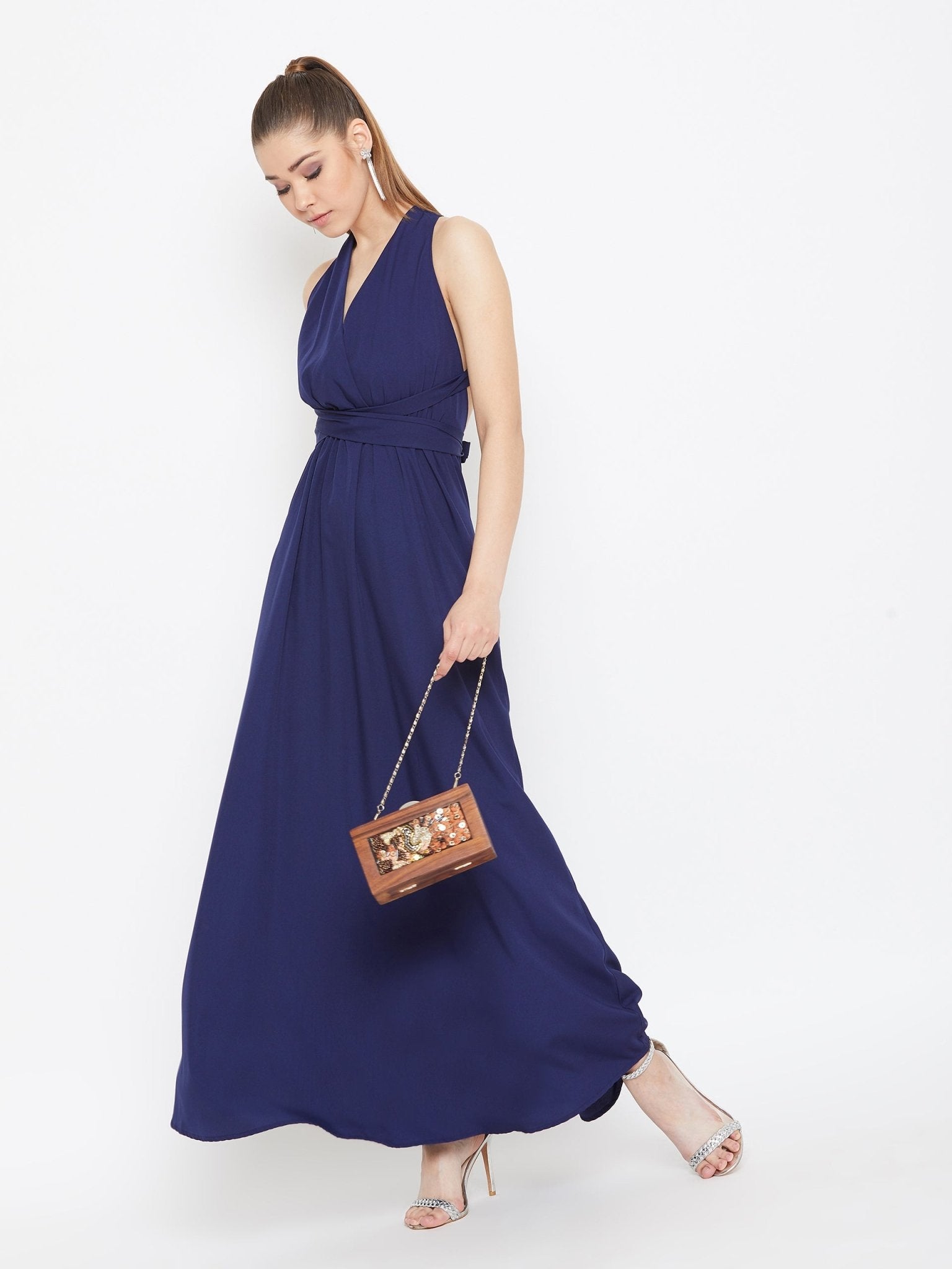 Folk Republic Women Solid Navy Blue Halter Neck Multiway Flared Maxi Dress - #folk republic#