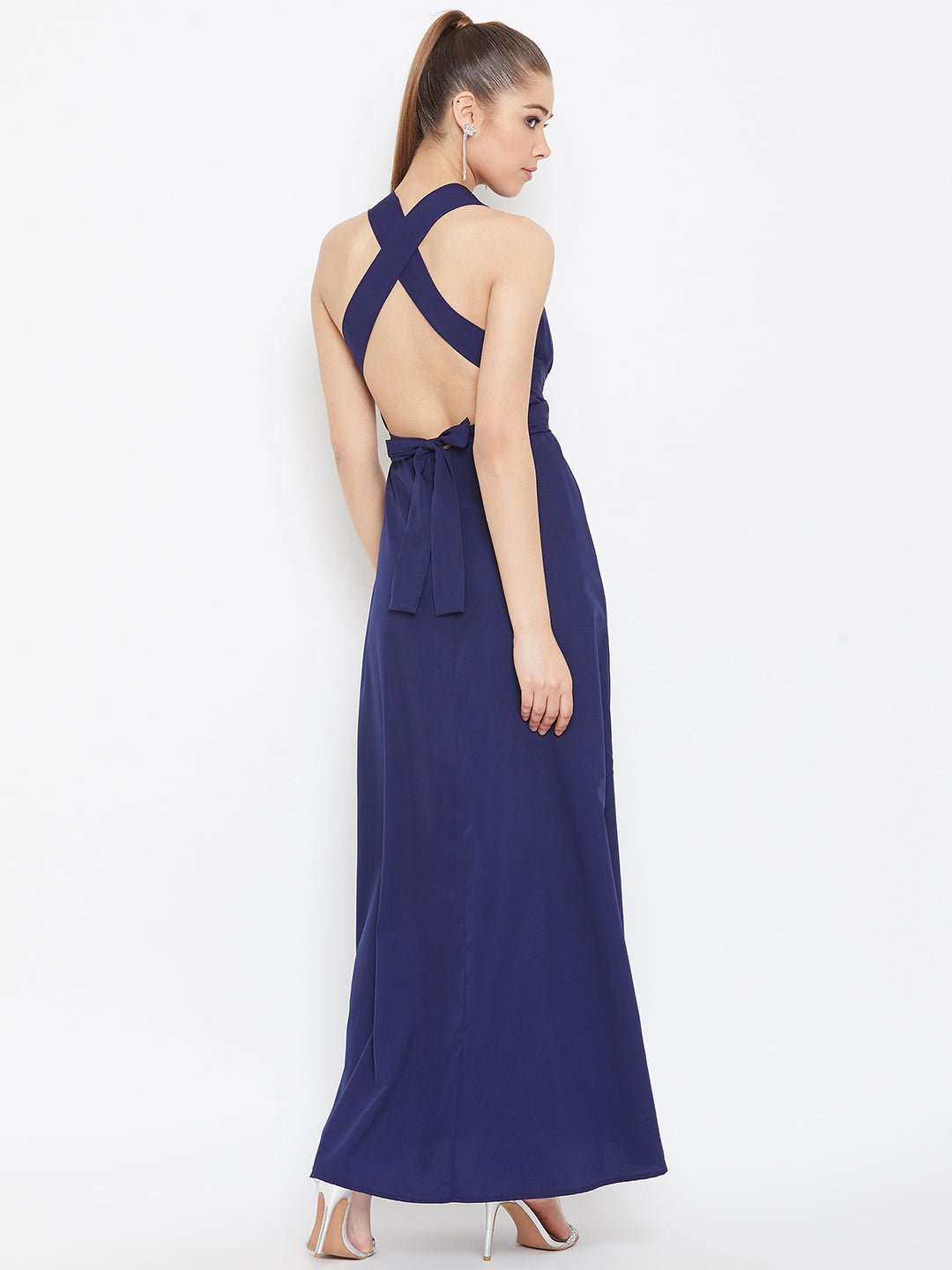 Folk Republic Women Solid Navy Blue Halter Neck Multiway Flared Maxi Dress - #folk republic#