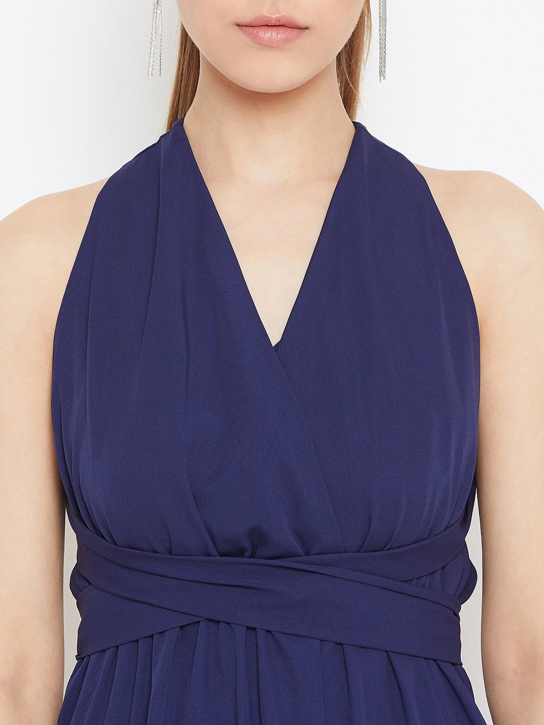 Folk Republic Women Solid Navy Blue Halter Neck Multiway Flared Maxi Dress - #folk republic#