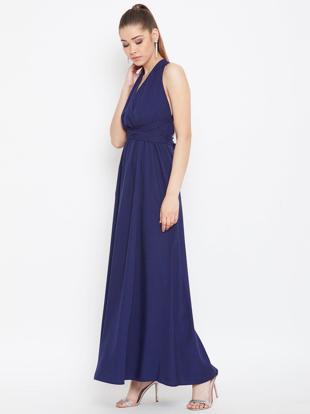 Folk Republic Women Solid Navy Blue Halter Neck Multiway Flared Maxi Dress - #folk republic#