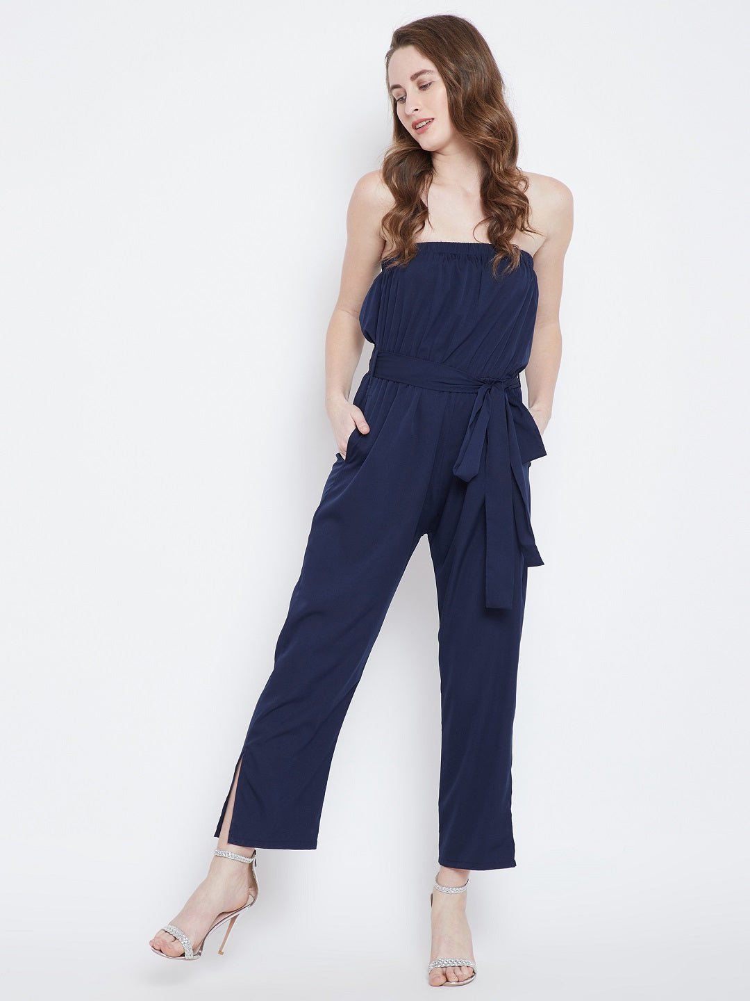 Folk Republic Women Solid Navy Blue Off-Shoulder Waist Tie-Up Slited Jumpsuit - #folk republic#