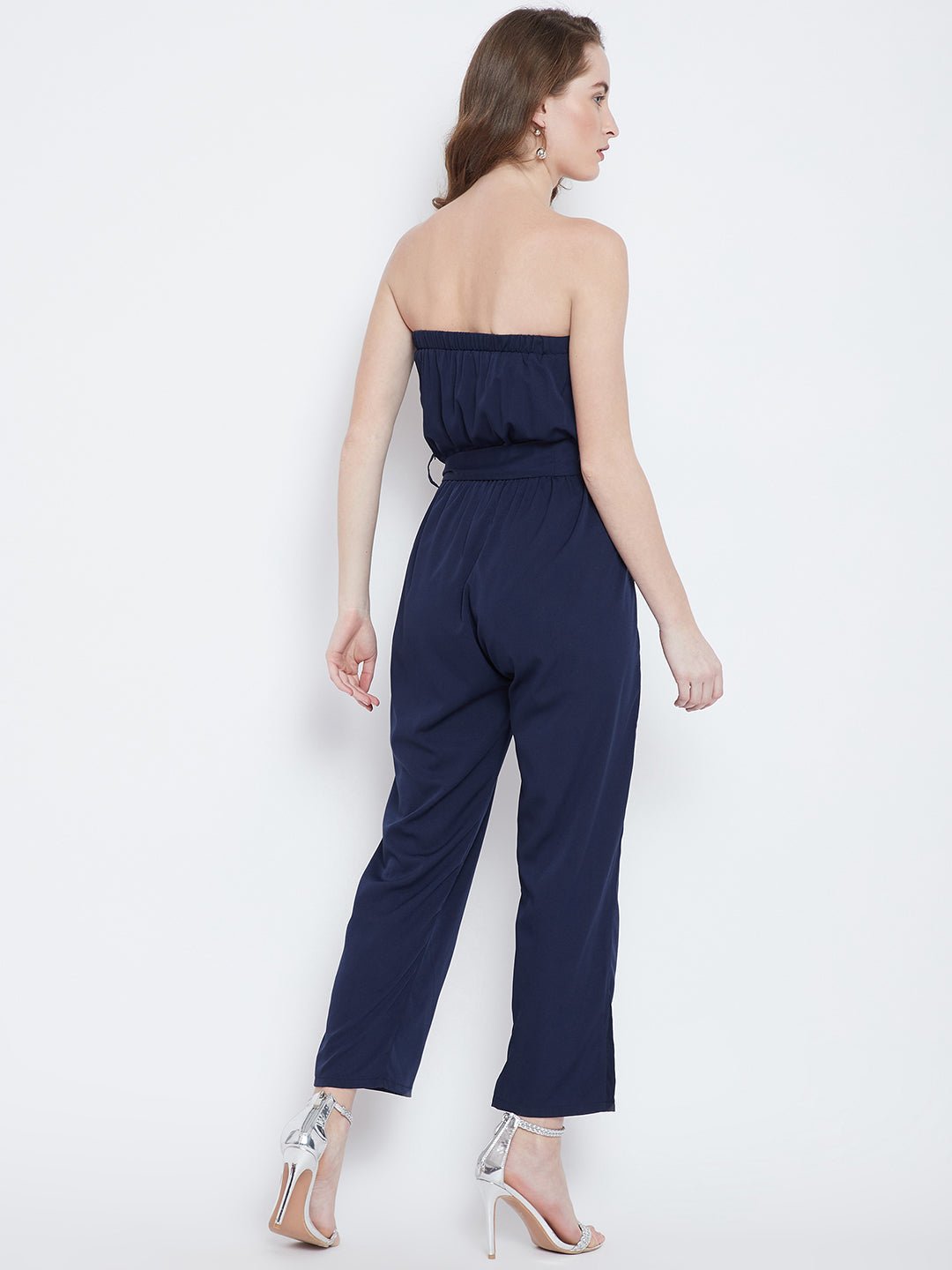 Folk Republic Women Solid Navy Blue Off-Shoulder Waist Tie-Up Slited Jumpsuit - #folk republic#