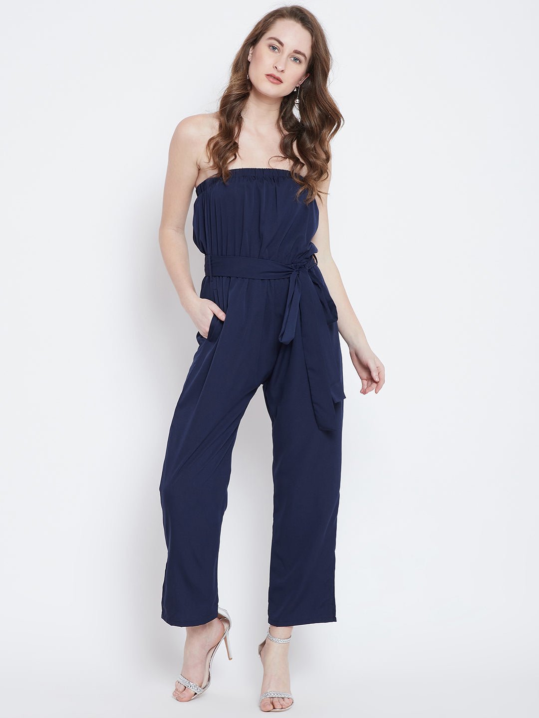 Folk Republic Women Solid Navy Blue Off-Shoulder Waist Tie-Up Slited Jumpsuit - #folk republic#