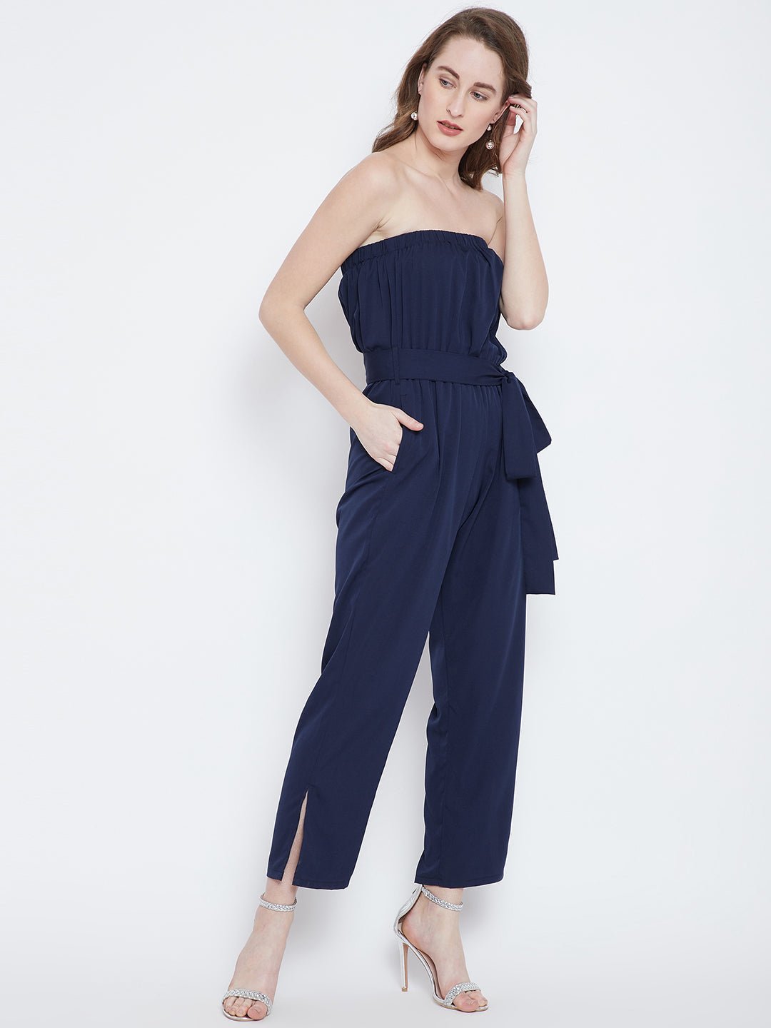 Folk Republic Women Solid Navy Blue Off-Shoulder Waist Tie-Up Slited Jumpsuit - #folk republic#