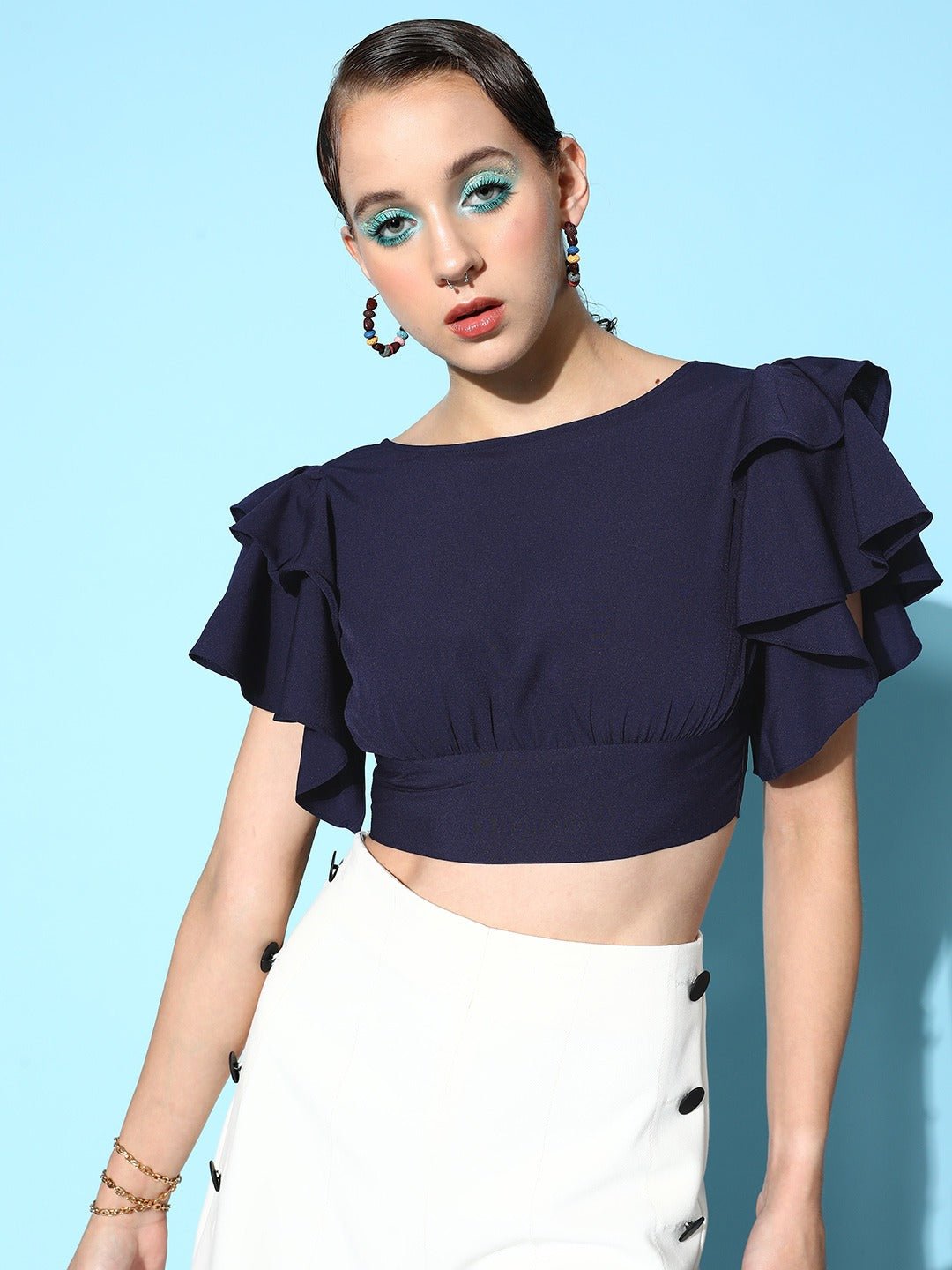 Folk Republic Women Solid Navy Blue Round Neck Open-Back Ruffled Blouson Crop Top - #folk republic#