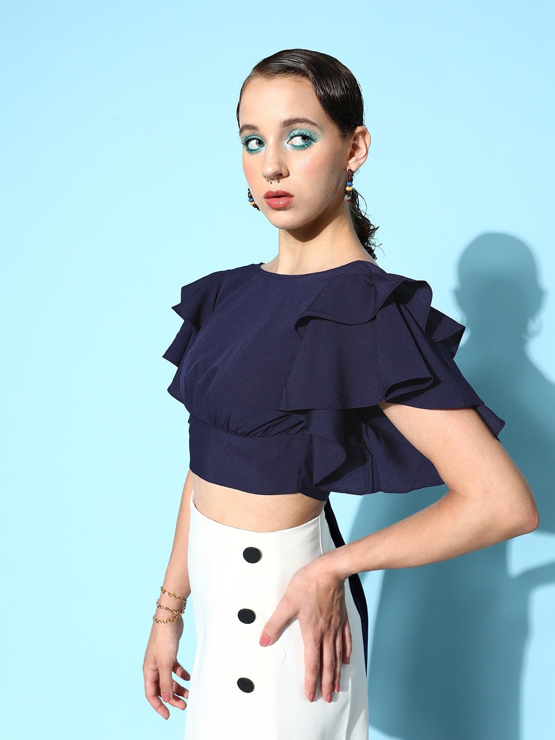 Folk Republic Women Solid Navy Blue Round Neck Open-Back Ruffled Blouson Crop Top - #folk republic#