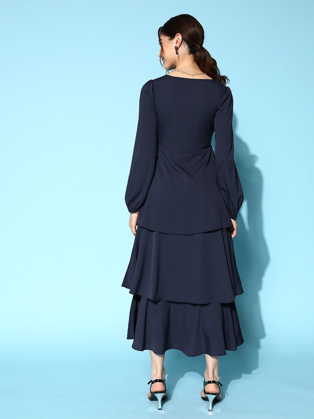 Folk Republic Women Solid Navy Blue Sweetheart Neck Puff Sleeve Flounce Tiered A-Line Maxi Dress - #folk republic#