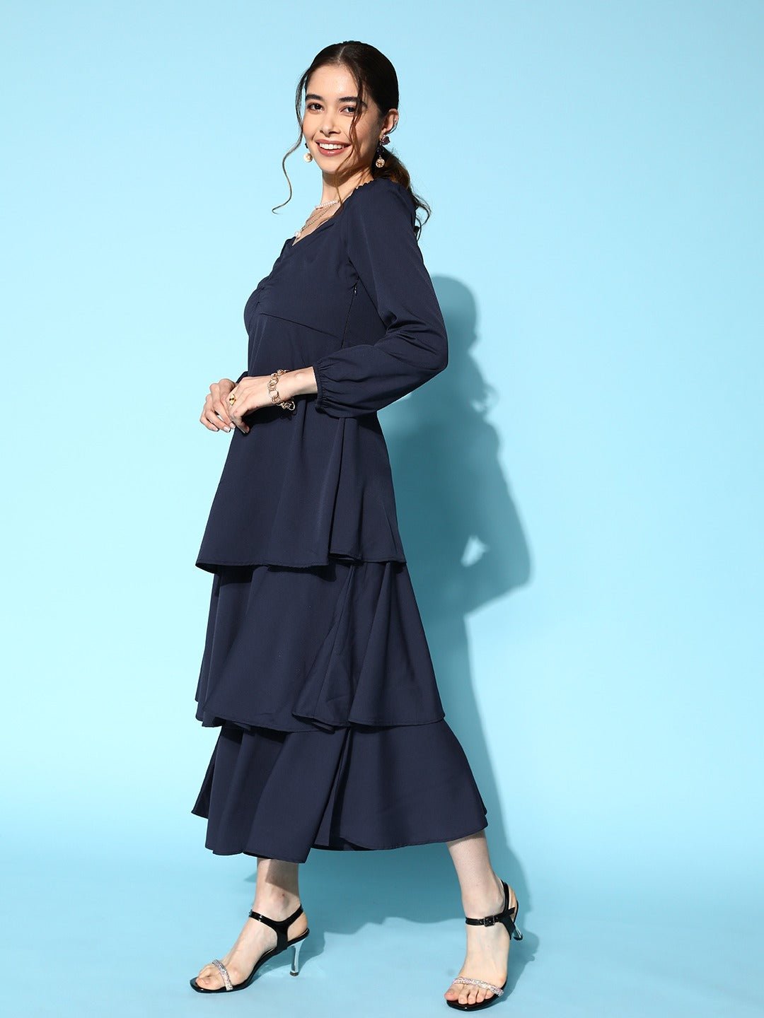 Folk Republic Women Solid Navy Blue Sweetheart Neck Puff Sleeve Flounce Tiered A-Line Maxi Dress - #folk republic#