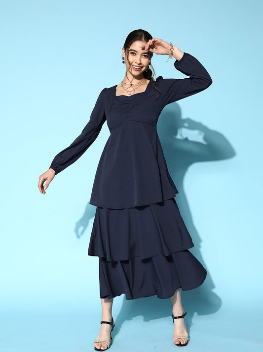 Folk Republic Women Solid Navy Blue Sweetheart Neck Puff Sleeve Flounce Tiered A-Line Maxi Dress - #folk republic#