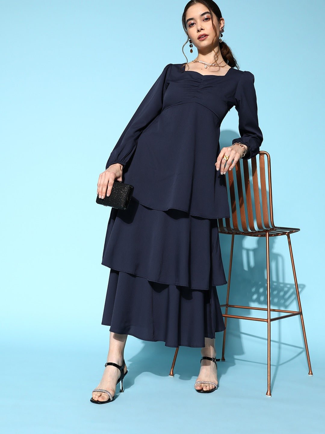 Folk Republic Women Solid Navy Blue Sweetheart Neck Puff Sleeve Flounce Tiered A-Line Maxi Dress - #folk republic#