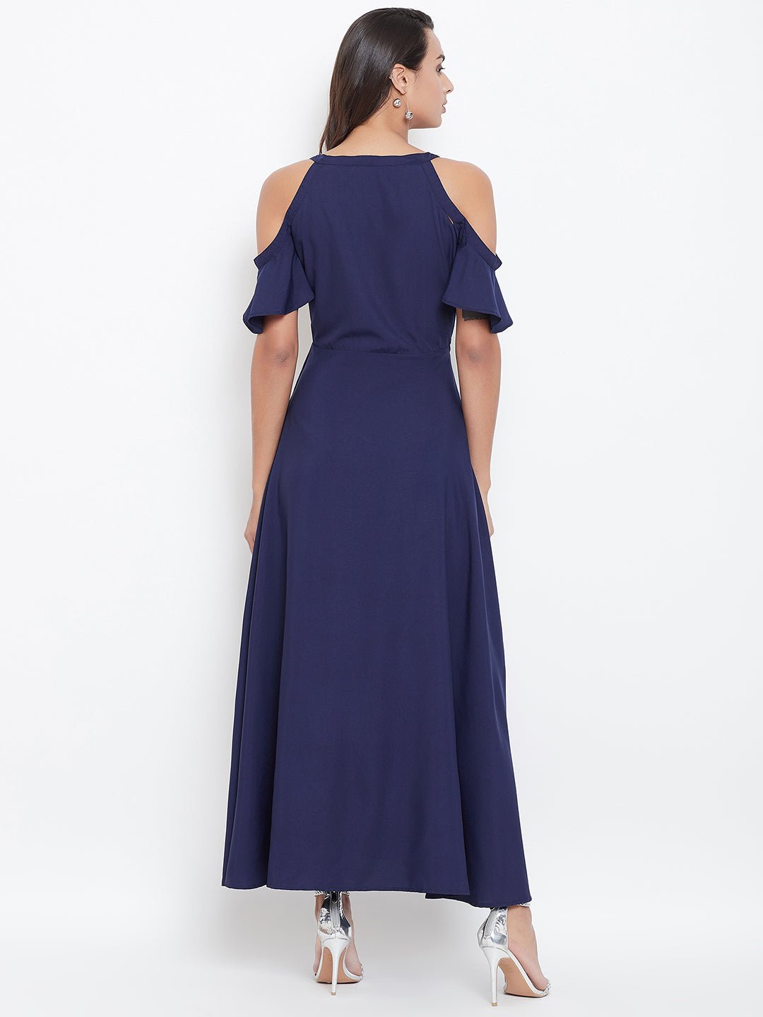 Folk Republic Women Solid Navy Blue V-Neck Cold-Shoulder Waist Tie-Up Flared Maxi Dress - #folk republic#