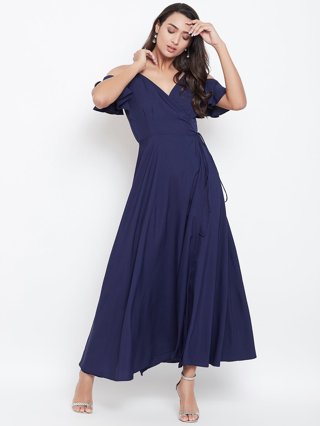 Folk Republic Women Solid Navy Blue V-Neck Cold-Shoulder Waist Tie-Up Flared Maxi Dress - #folk republic#