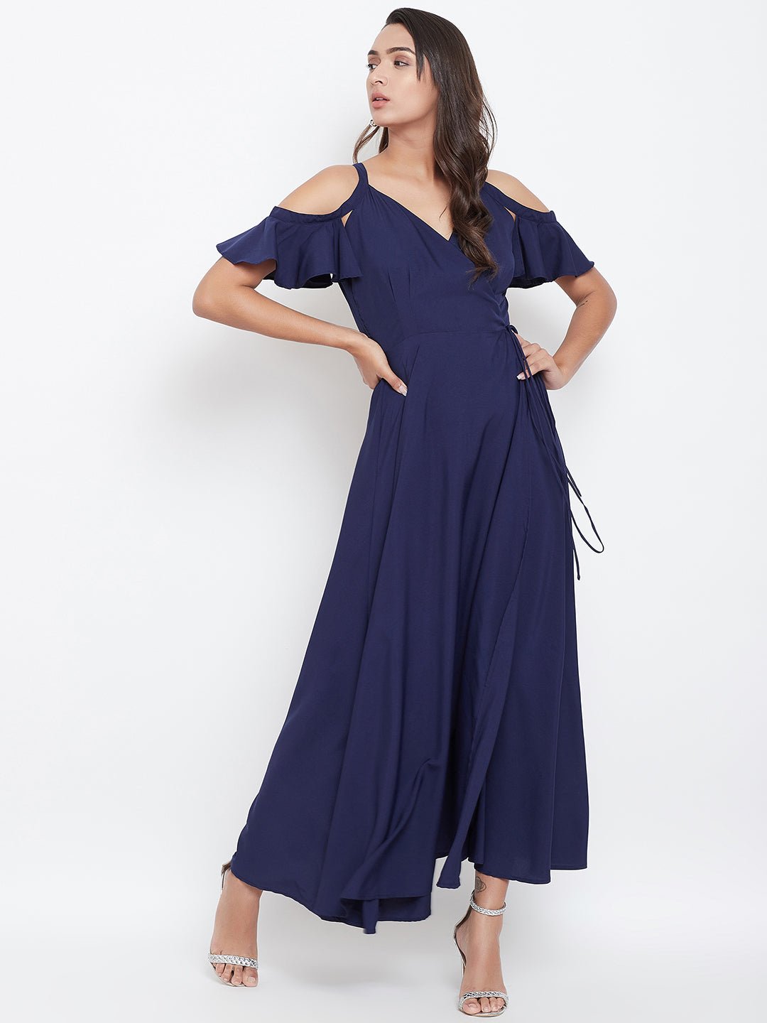 Folk Republic Women Solid Navy Blue V-Neck Cold-Shoulder Waist Tie-Up Flared Maxi Dress - #folk republic#