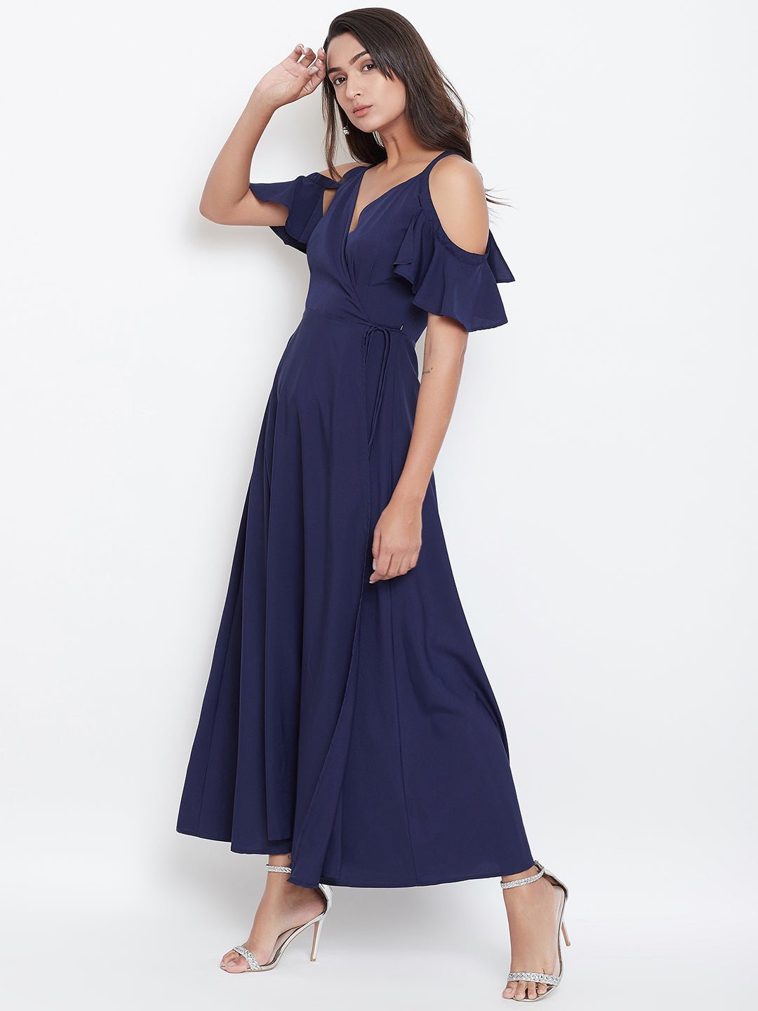 Folk Republic Women Solid Navy Blue V-Neck Cold-Shoulder Waist Tie-Up Flared Maxi Dress - #folk republic#