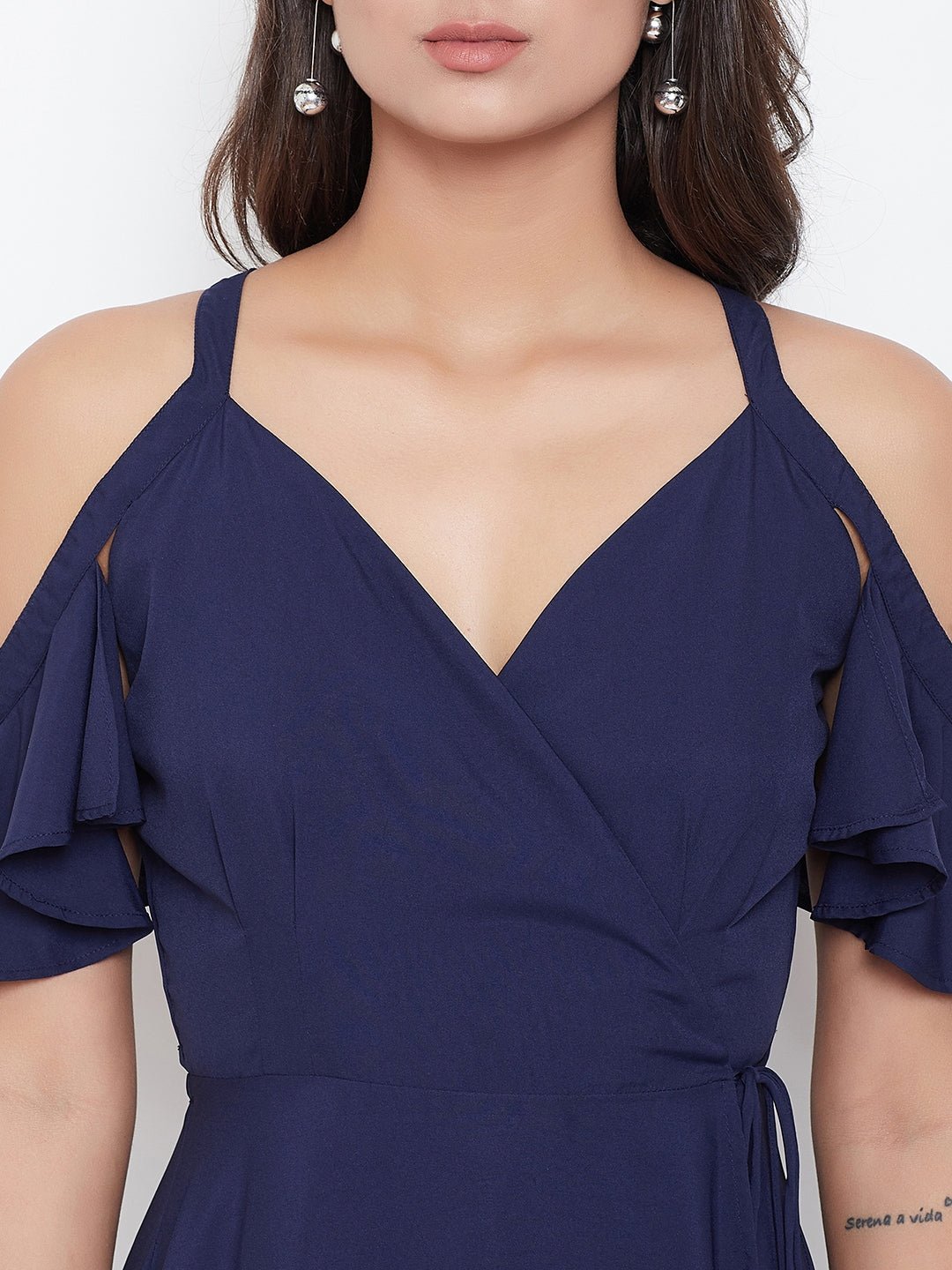 Folk Republic Women Solid Navy Blue V-Neck Cold-Shoulder Waist Tie-Up Flared Maxi Dress - #folk republic#