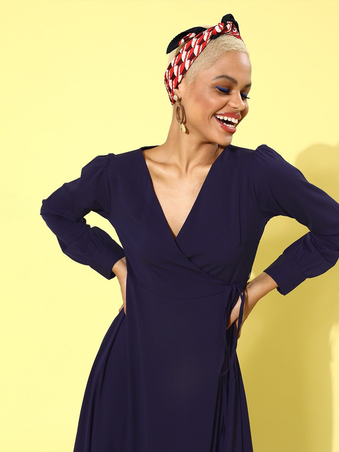 Folk Republic Women Solid Navy Blue V-Neck Cuffed Sleeves Maxi Dress - #folk republic#