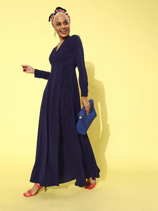 Folk Republic Women Solid Navy Blue V-Neck Cuffed Sleeves Maxi Dress - #folk republic#
