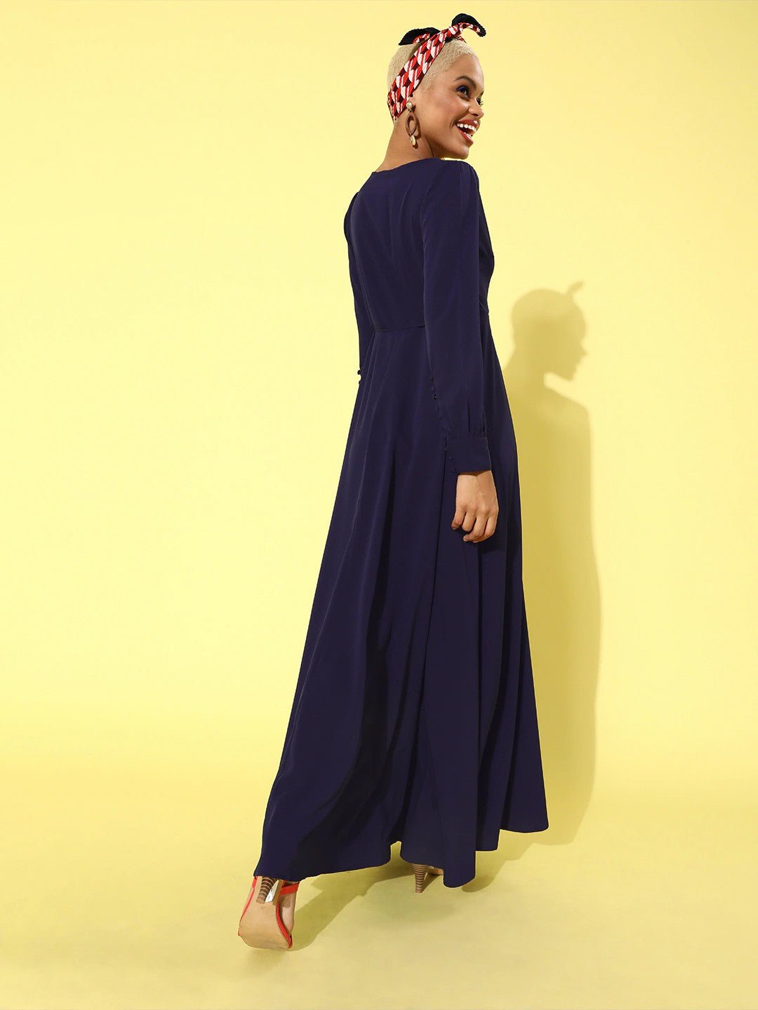 Folk Republic Women Solid Navy Blue V-Neck Cuffed Sleeves Maxi Dress - #folk republic#