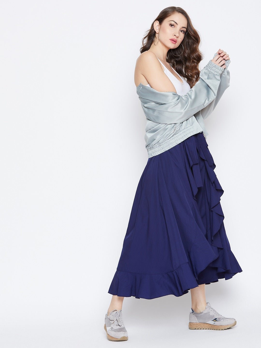 Folk Republic Women Solid Navy Blue Waist Tie-Up High-Low Flared Maxi Skirt with Attached Trousers - #folk republic#