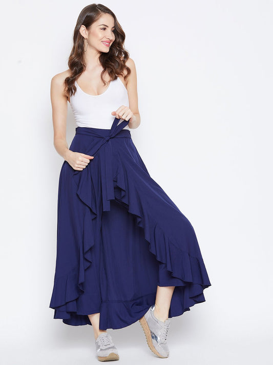 Folk Republic Women Solid Navy Blue Waist Tie-Up High-Low Flared Maxi Skirt with Attached Trousers - #folk republic#